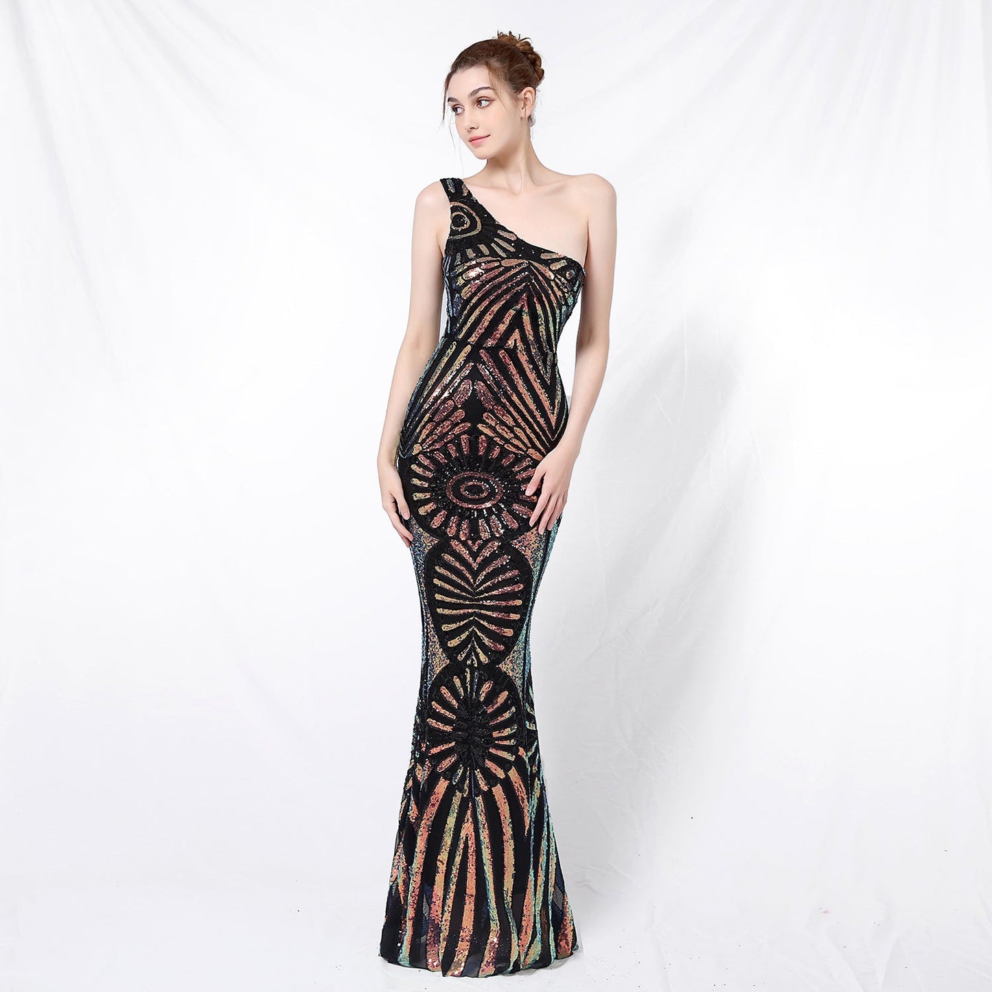 One Shoulder Sequin Fishtail Formal Dress