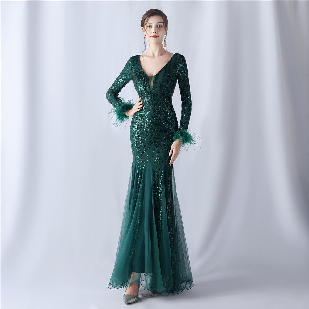 Ostrich Fur Mesh Beaded Formal Dresses