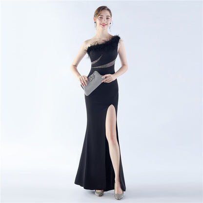 Fur Rhinestone Formal Dress