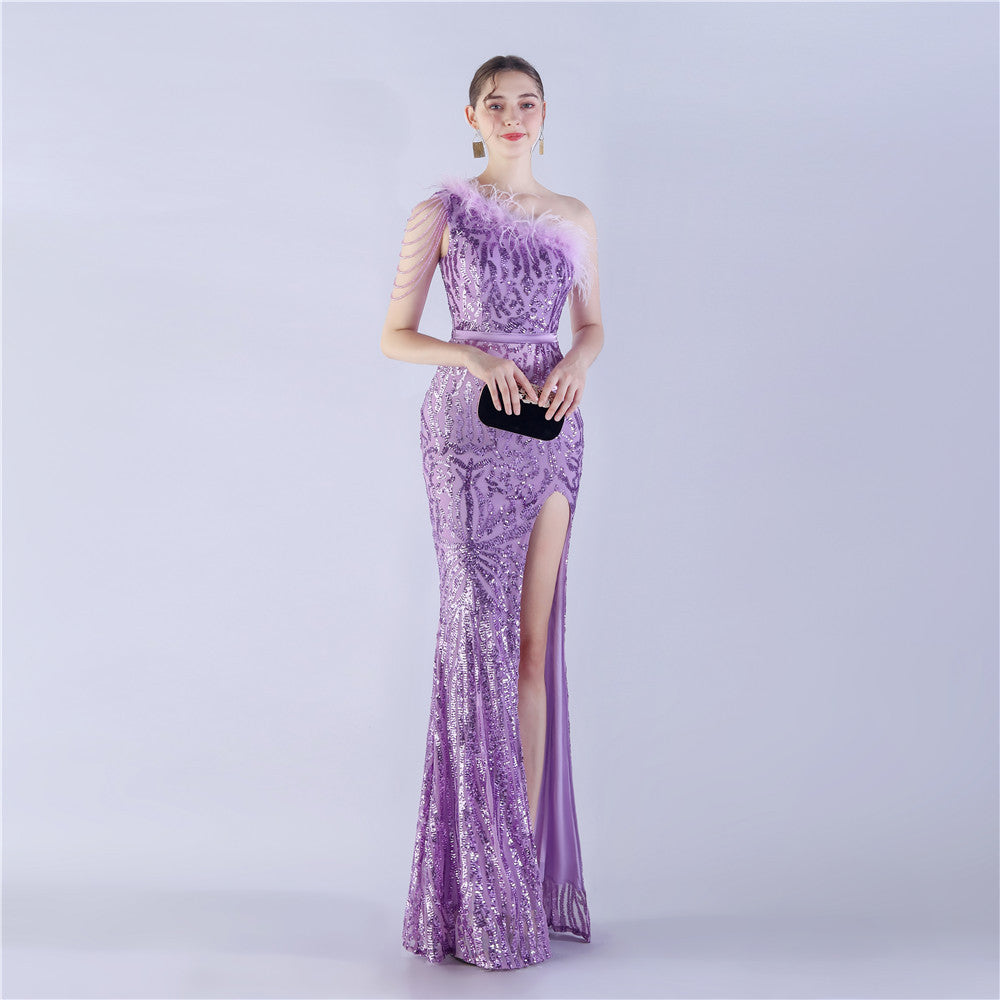 Fur Slant Neck One Shoulder Formal Dress