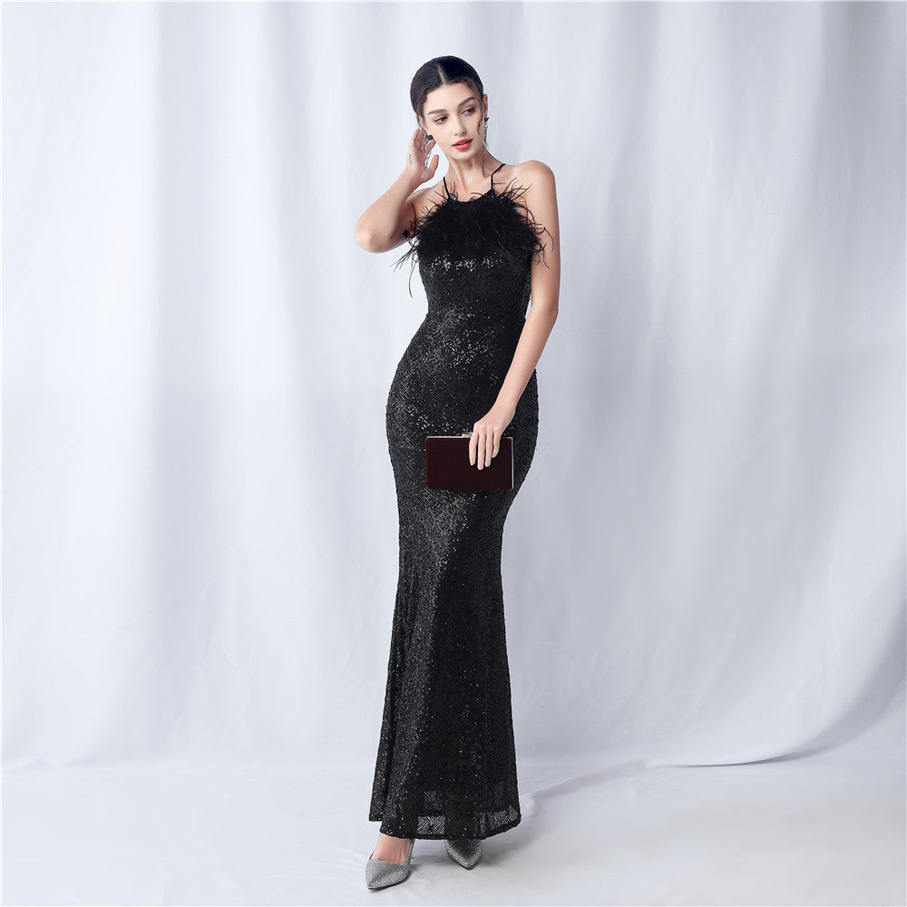 Camel hair and lattice beaded formal dresses