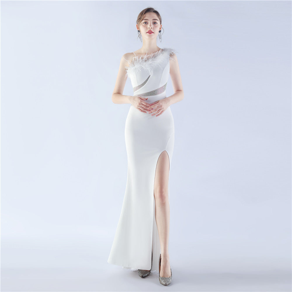 Fur Rhinestone Formal Dress