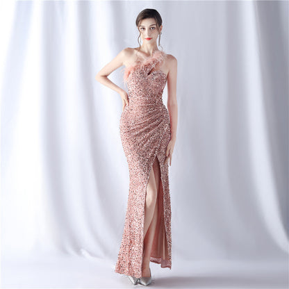 Ostrich Velvet Bottom One Shoulder Formal Dress