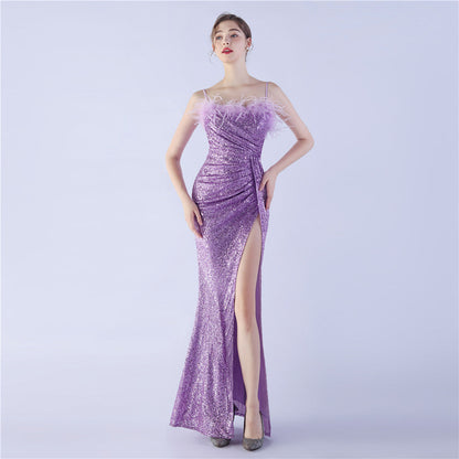 Ostrich Beaded Side Split Formal Dress