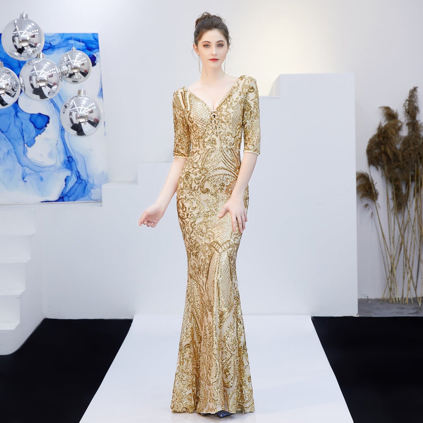 Neck Sequin Formal Dress