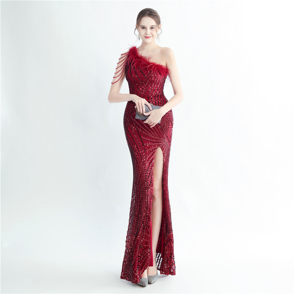 Fur Layered Beaded Formal Dress