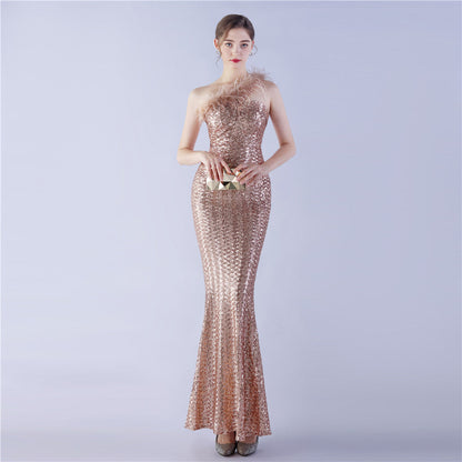 Ostrich Fur One-Shoulder Slant Neck Beaded Maxi Formal Dress