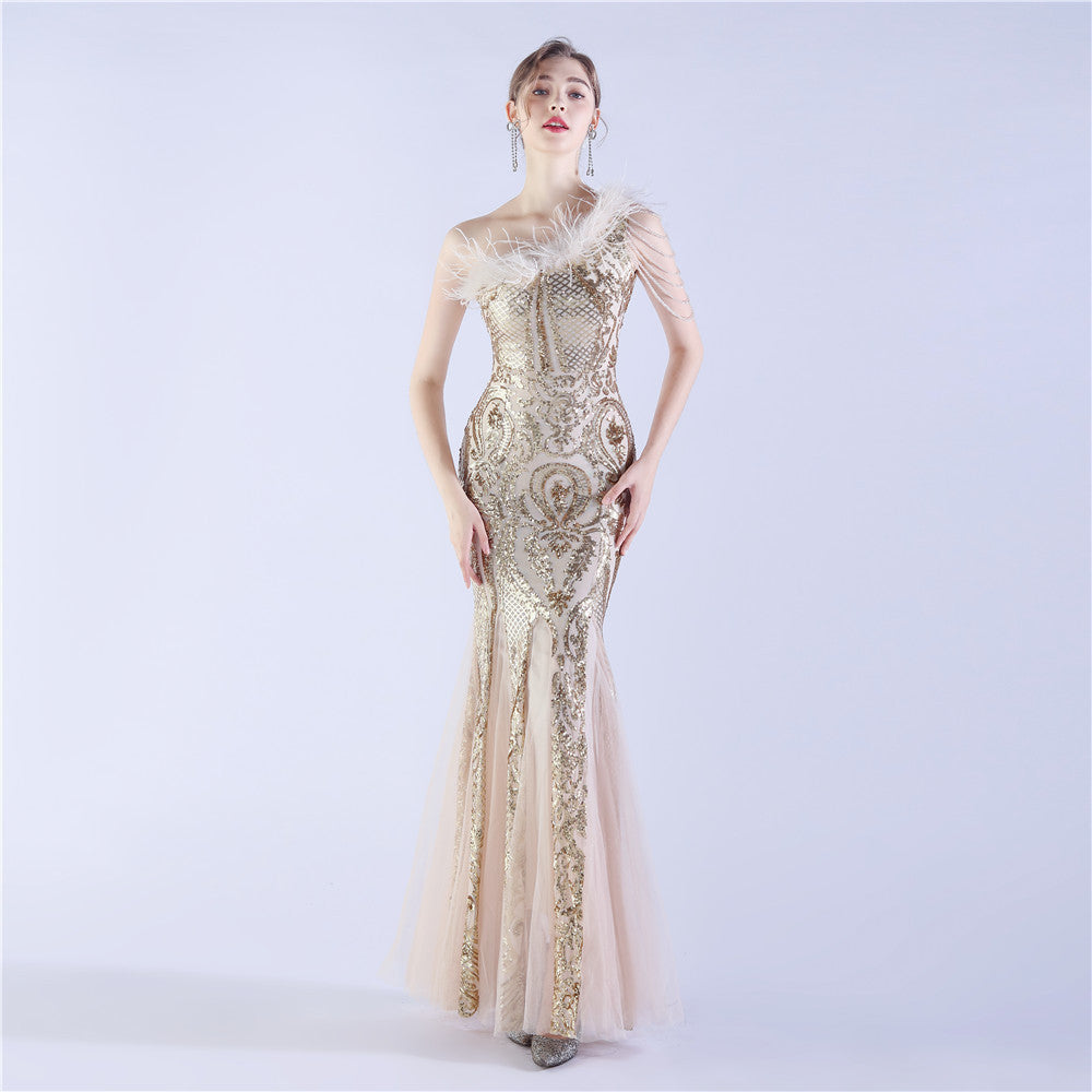 Beaded and Ostrich Fur Sequined Formal Dress
