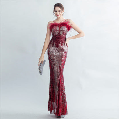 Ostrich Fur Halter Formal Dress