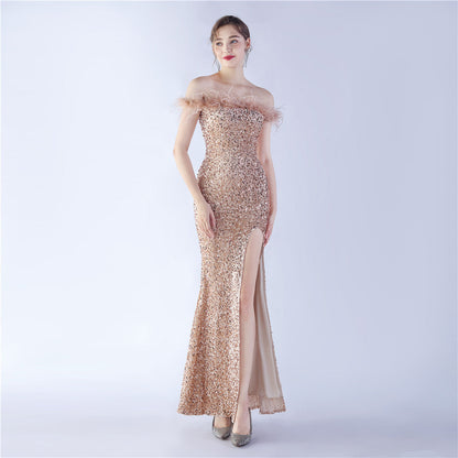 Fur One Shoulder Formal Dress