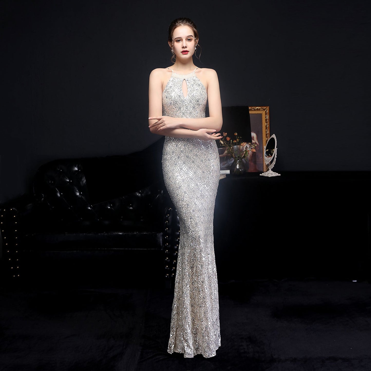 Long Neck Stapled Formal Dresses