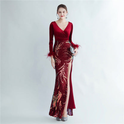 Ostrich Beaded Velvet Side Split Formal Dress