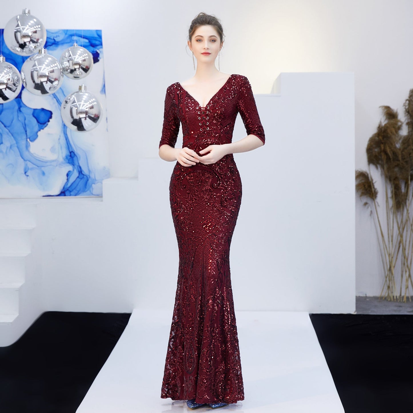 Neck Sequin Formal Dress