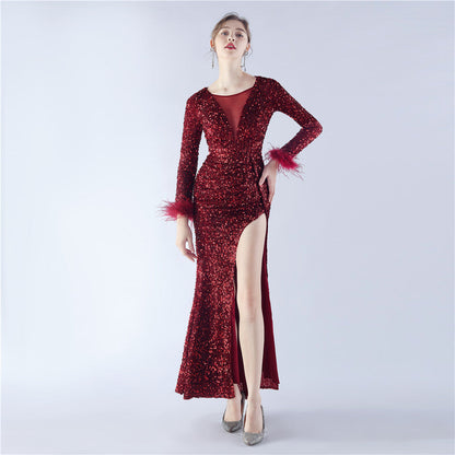 Ostrich Fur Long Sleeve Formal Dress