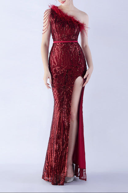 Fur Slant Neck One Shoulder Formal Dress