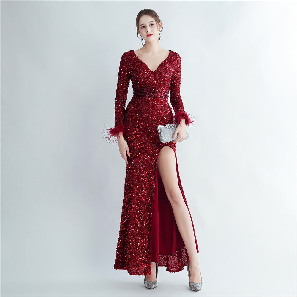 Split Long Sleeve Sequin Formal Dress