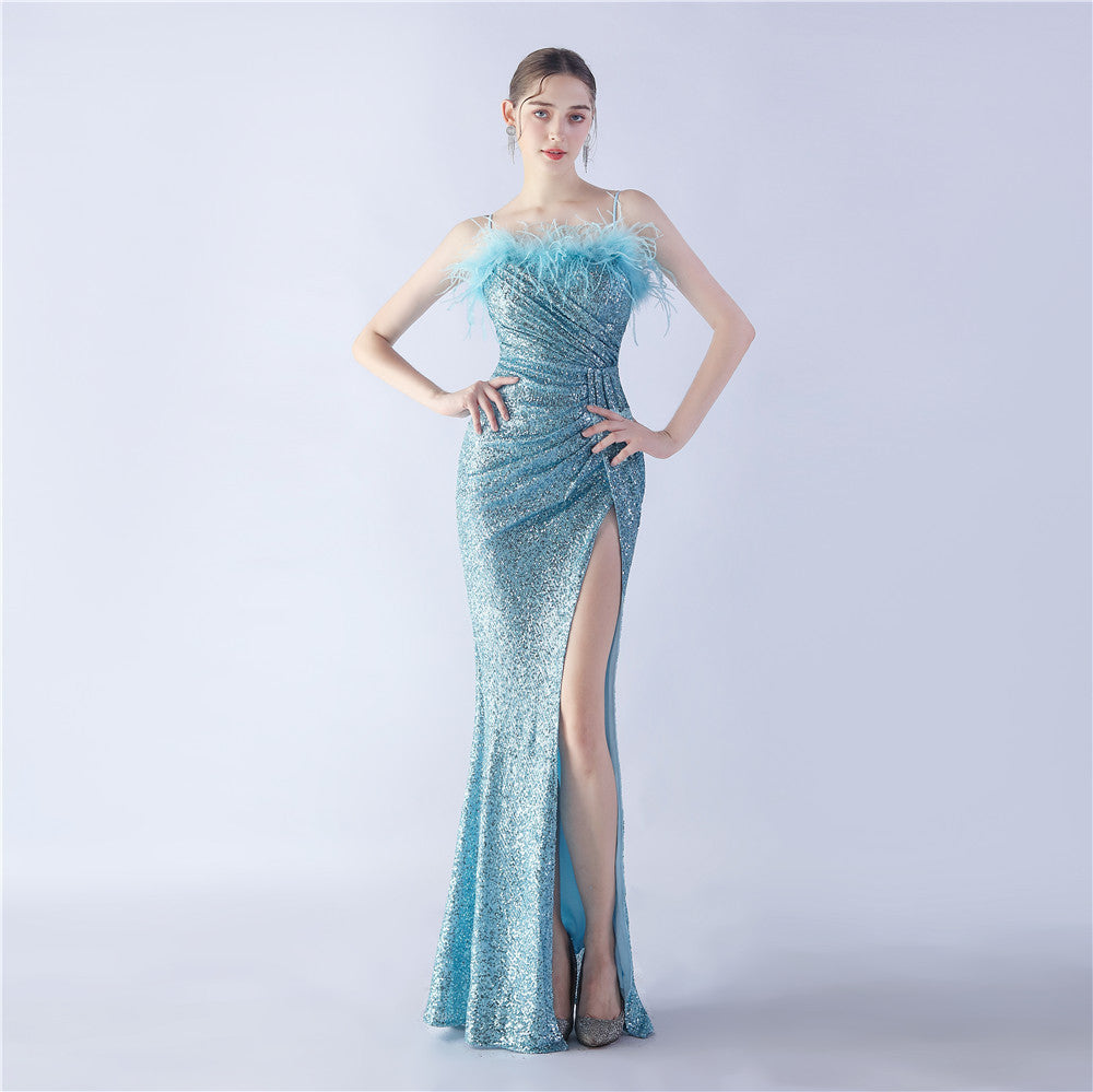 Ostrich Beaded Side Split Formal Dress