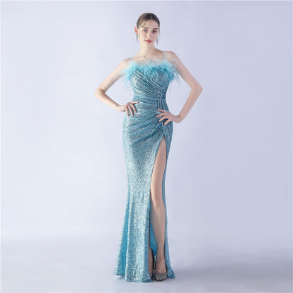Ostrich Beaded Side Split Formal Dress