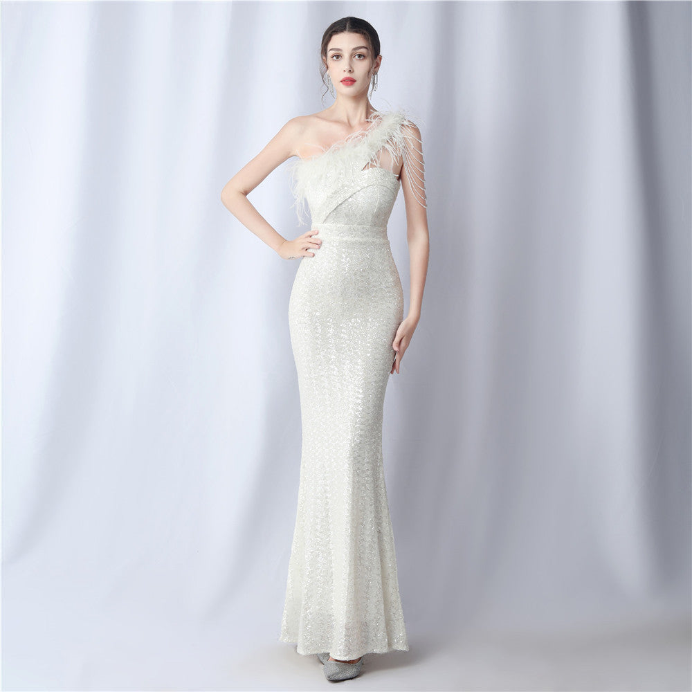 ダチョウの毛皮のイリュージョンビーズのフォーマルドレス