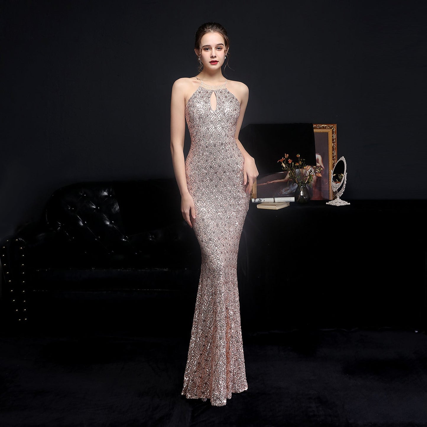 Long Neck Stapled Formal Dresses