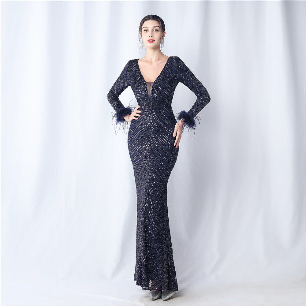 Ostrich Fur Long Sleeve Formal Dress