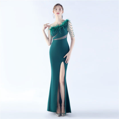 Fur Slant Neck One Shoulder Formal Dress