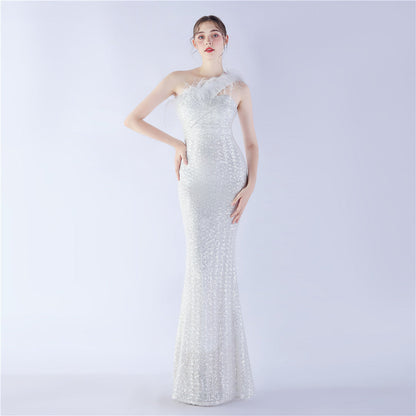 Ostrich Fur One-Shoulder Slant Neck Beaded Maxi Formal Dress
