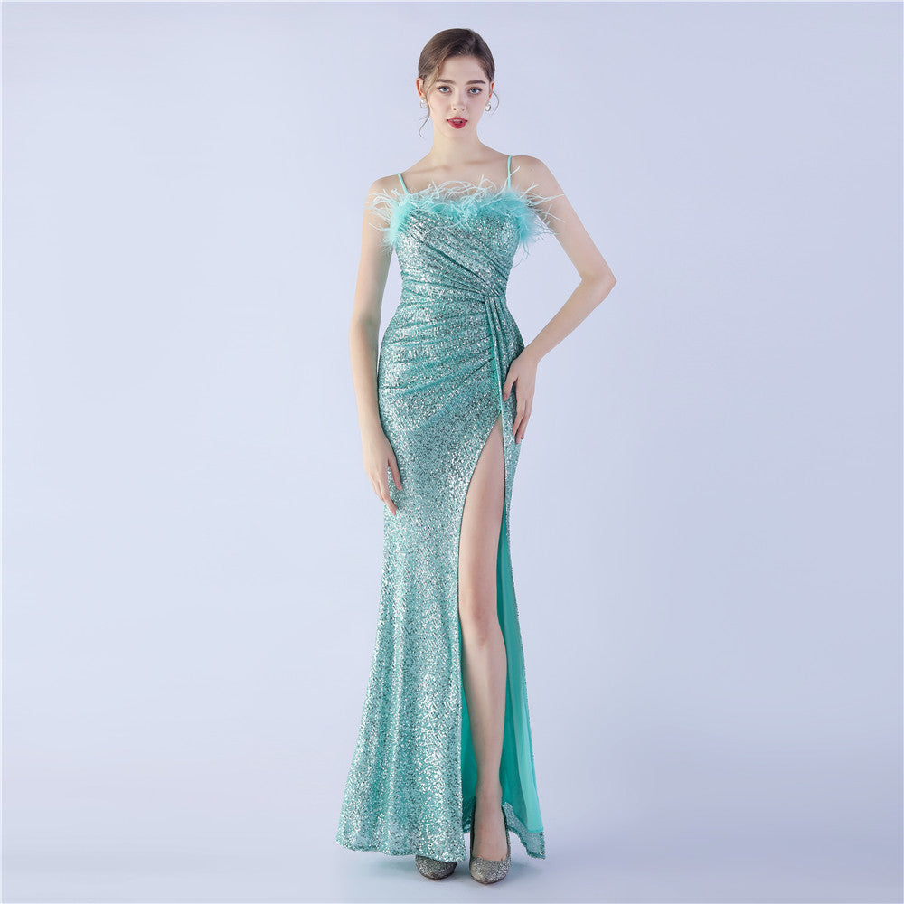 Ostrich Beaded Side Split Formal Dress