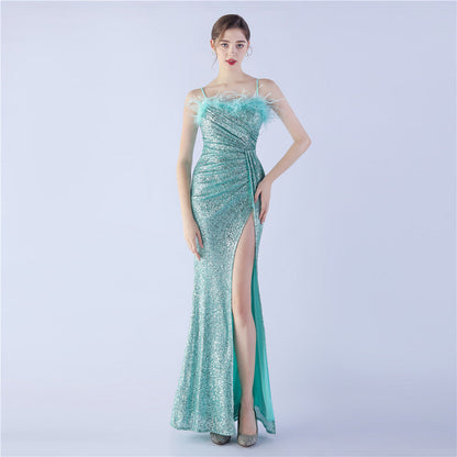 Ostrich Beaded Side Split Formal Dress
