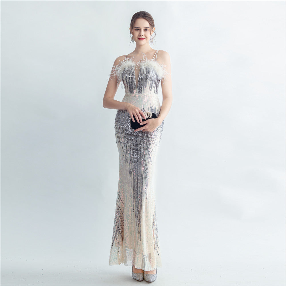 Ostrich Fur Halter Formal Dress