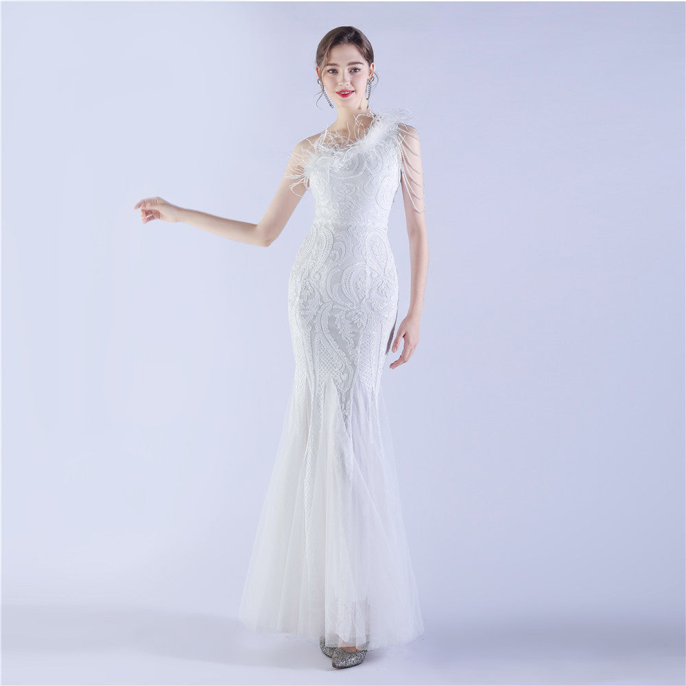 Beaded and Ostrich Fur Sequined Formal Dress