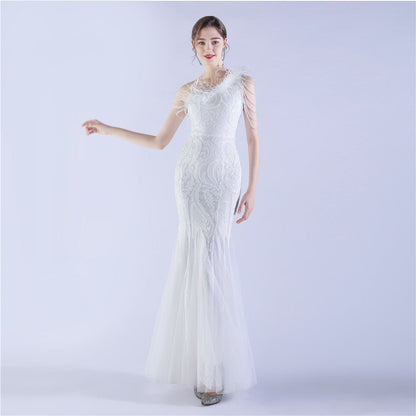 Beaded and Ostrich Fur Sequined Formal Dress
