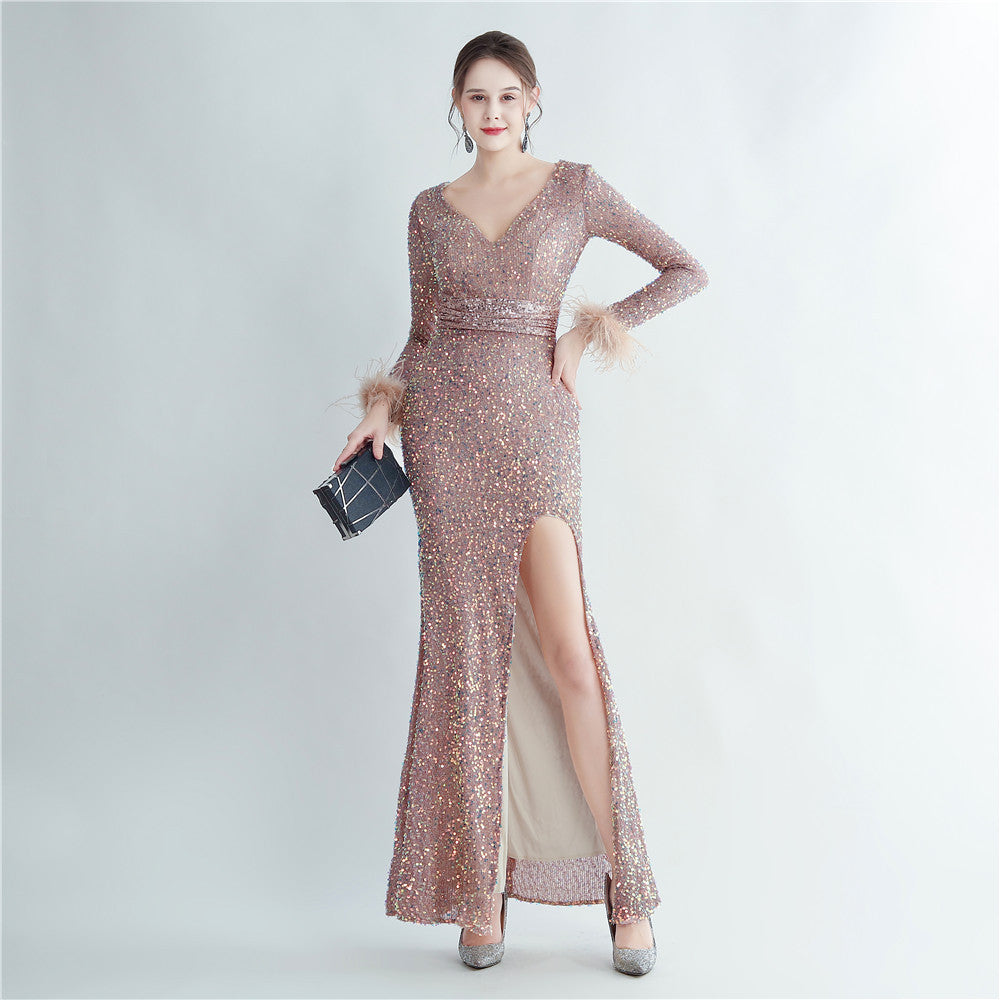 Split Long Sleeve Sequin Formal Dress