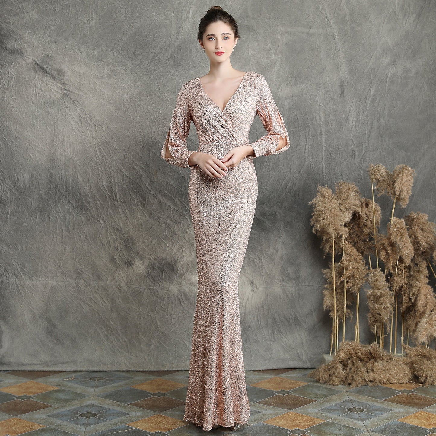 Sleeve Sequin Formal Dress