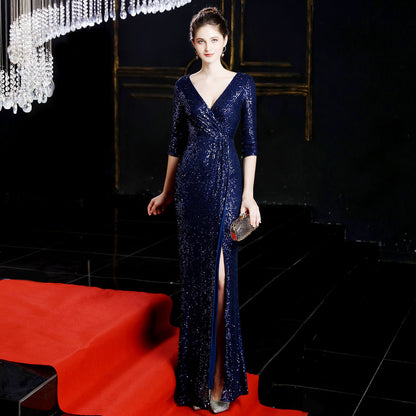 Long Sleeve Sequin Fishtail Formal Dress