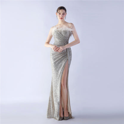 Ostrich Beaded Side Split Formal Dress