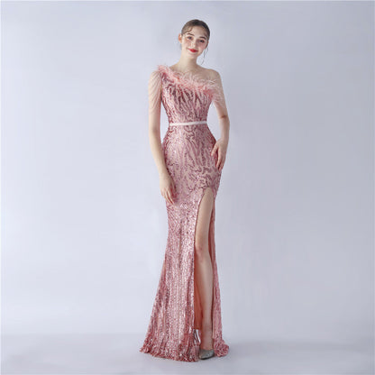 Fur Slant Neck One Shoulder Formal Dress