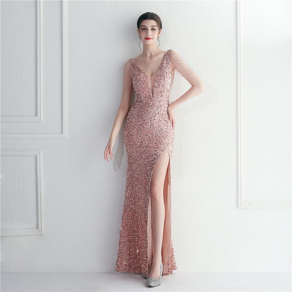 Backed Beaded Formal Dress