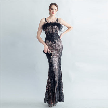 Ostrich Fur Halter Formal Dress