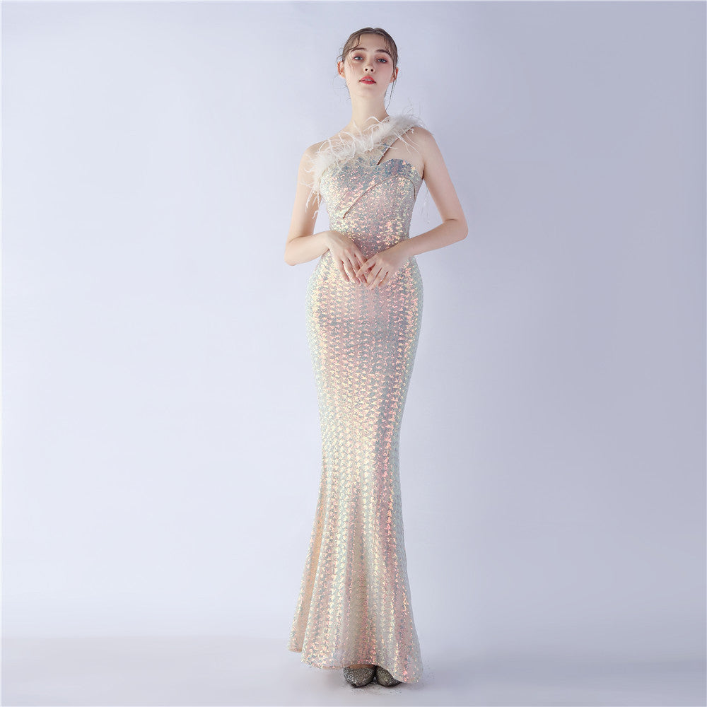 Ostrich Fur One-Shoulder Slant Neck Beaded Maxi Formal Dress
