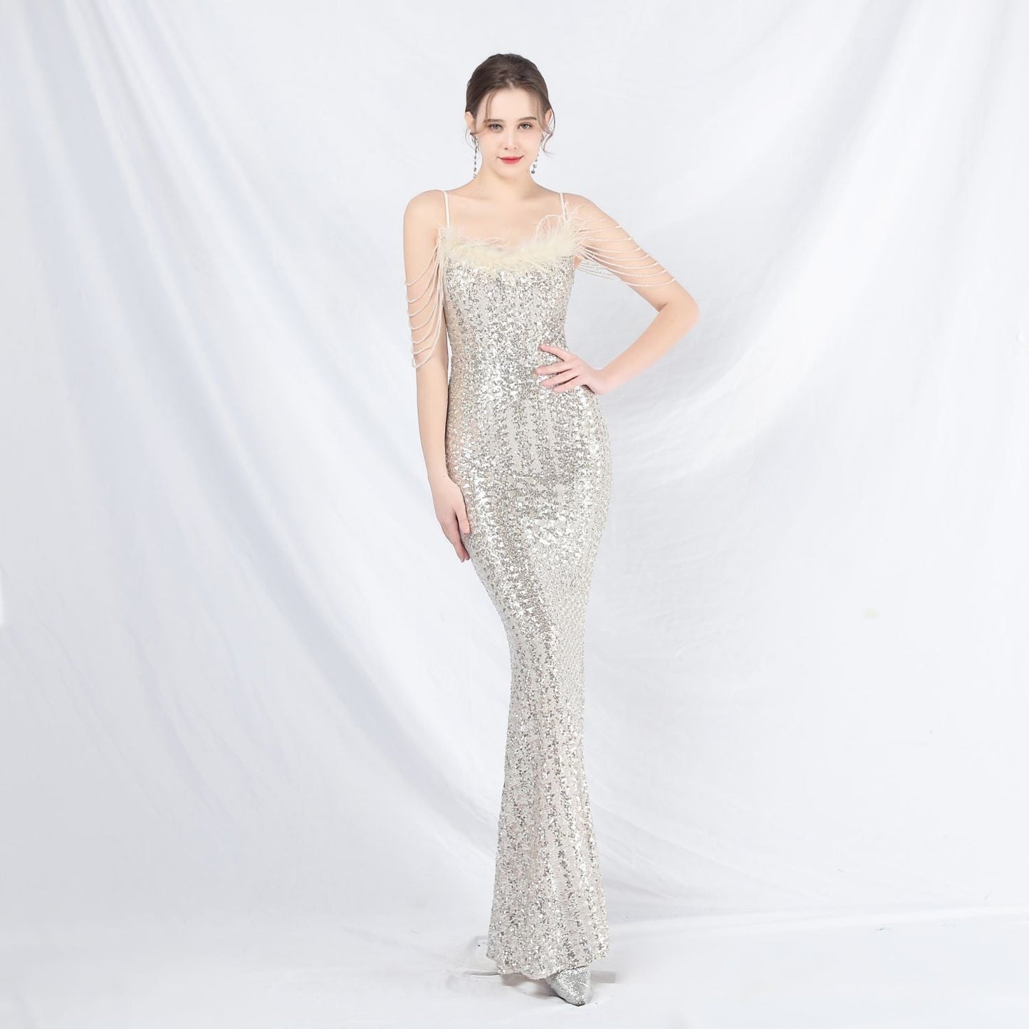 Ostrich Fur Illusion Beaded Formal Dress