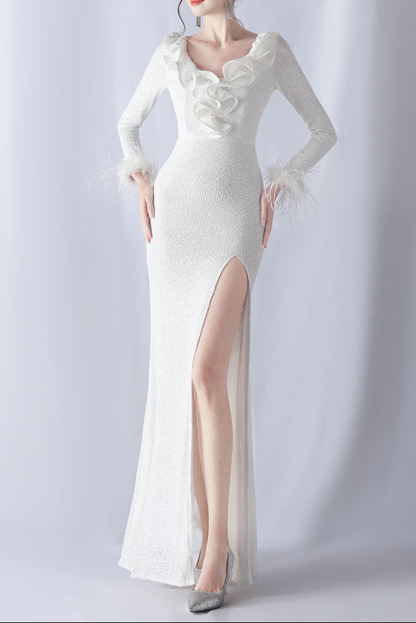 Ostrich Wave Beaded Formal Dress