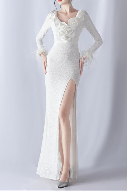 Ostrich Wave Beaded Formal Dress