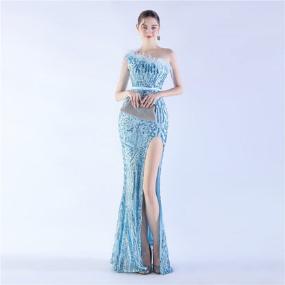 Fur Slant Neck One Shoulder Formal Dress