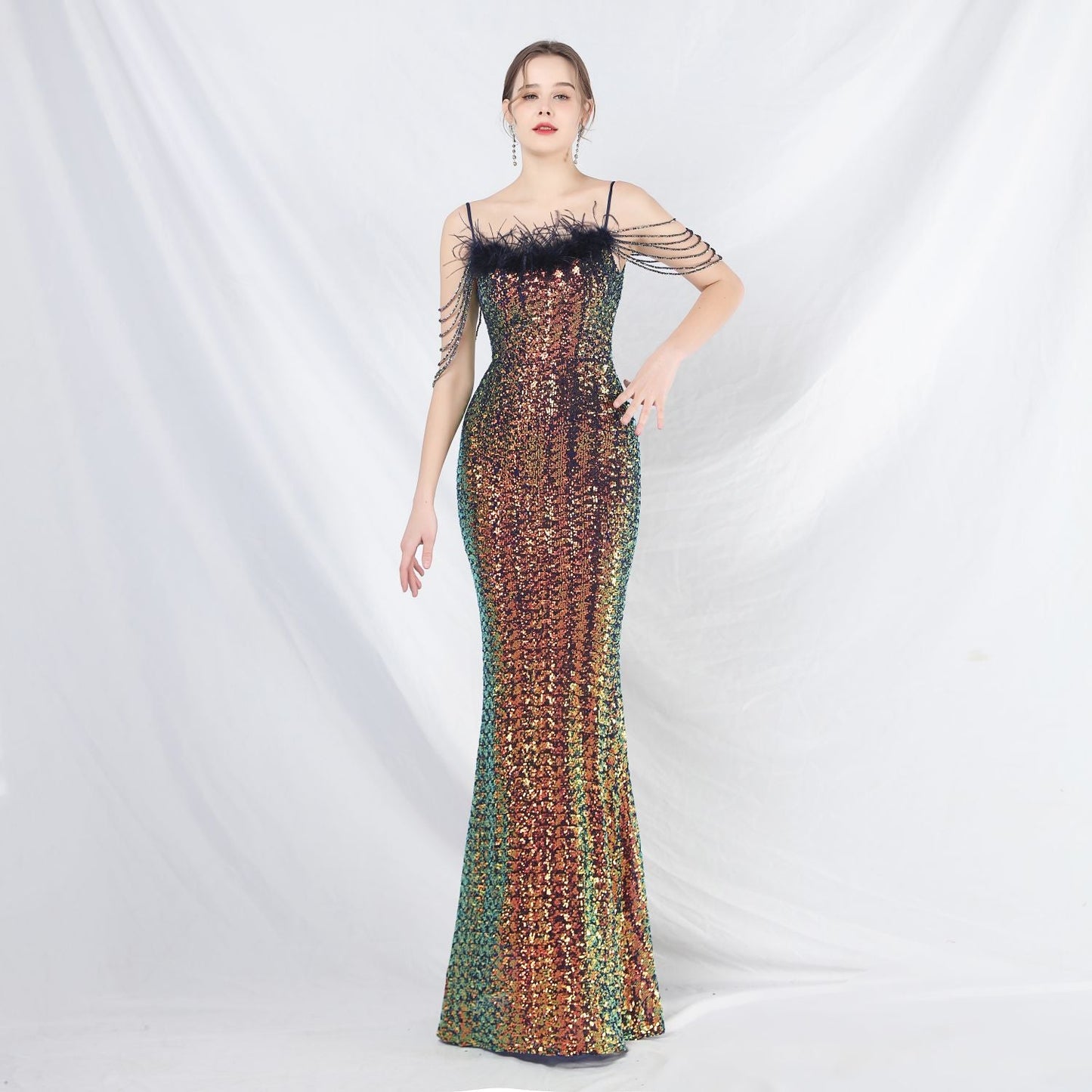 Ostrich Fur Illusion Beaded Formal Dress