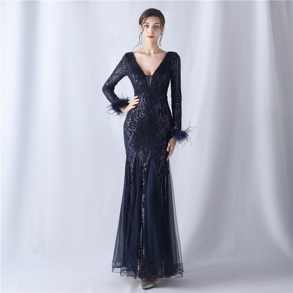 Ostrich Fur Mesh Beaded Formal Dresses