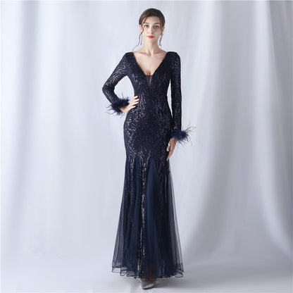 Ostrich Fur Mesh Beaded Formal Dresses