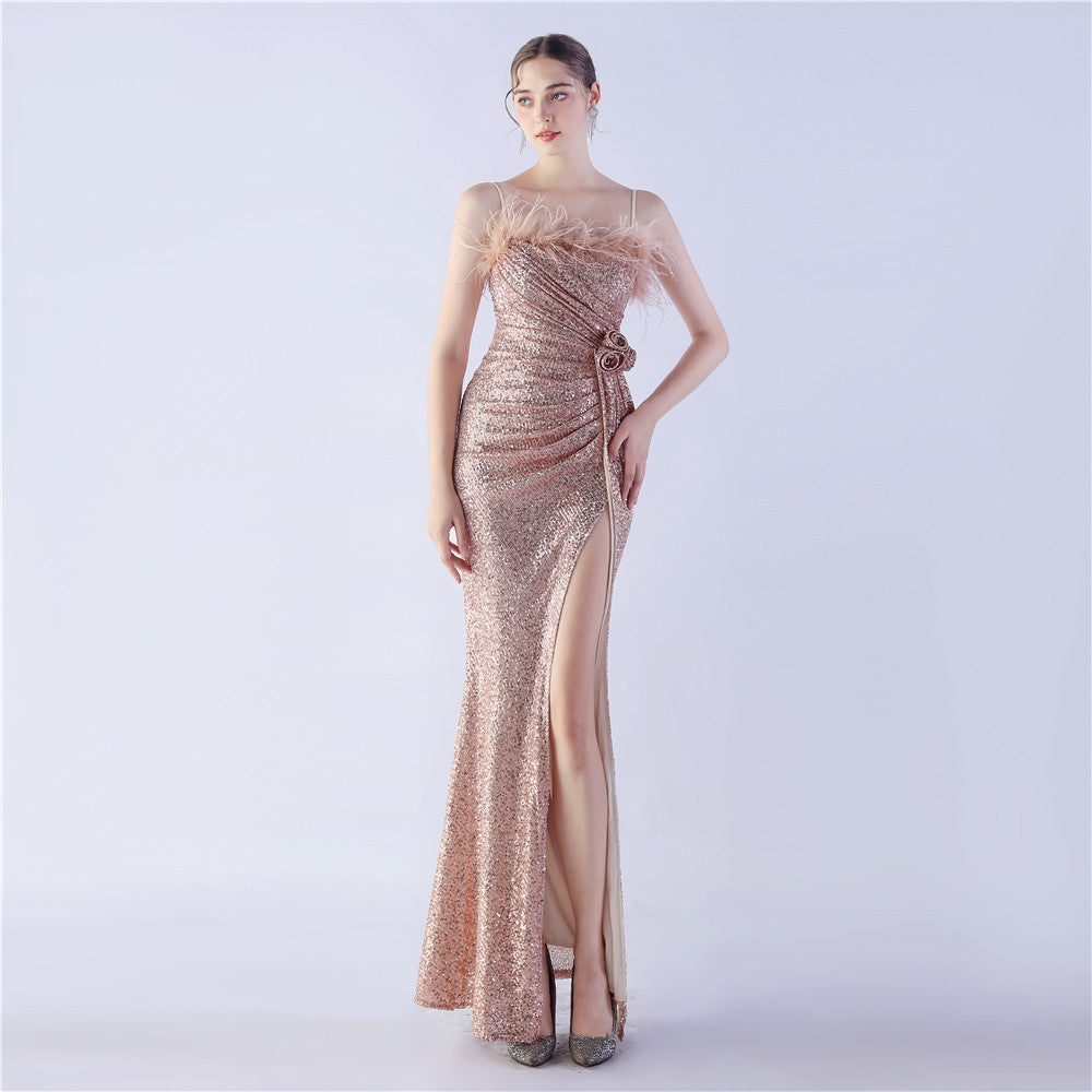 Fur Crafted Flower Formal Dress