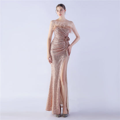 Fur Crafted Flower Formal Dress
