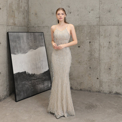 Silk Thread Fringe Beaded Formal Dresses